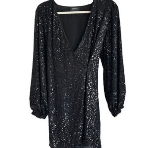 Audrey 3+1 Black Flutter Sleeve Sequin Dress - Size S